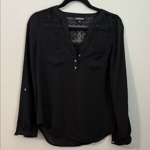 Express Women's Black Blouse with Lace Accents